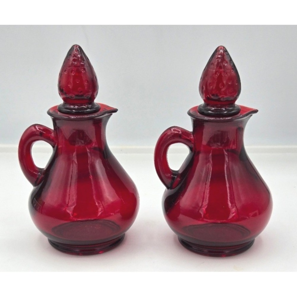 Vintage Avon Cape Cod Ruby Red Glass Cruet Set Vinegar Oil Decanters Pair - Picture 3 of 7